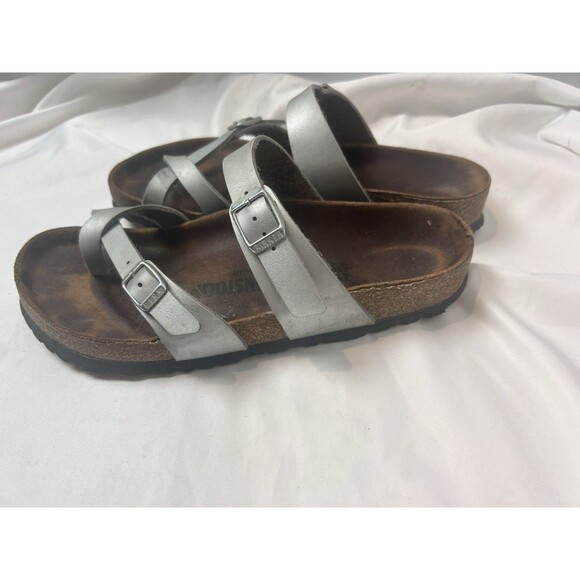 Birkenstock Mayari Sandals Women’s Size 39 8.5 Metallic Silver Leather Cork - Picture 3 of 8